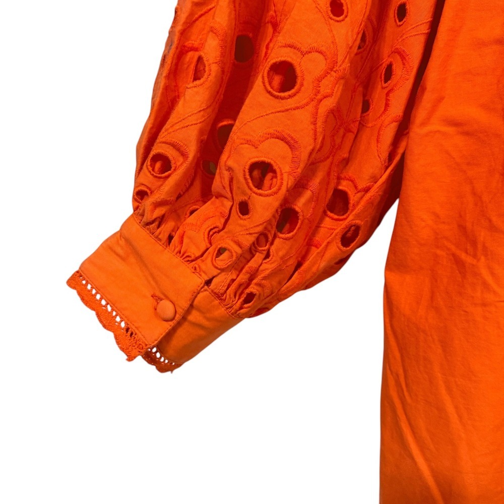 Anthropologie Orange Eyelet Puff Sleeve Blouse Tie Neck Button Front XSP - Picture 5 of 10